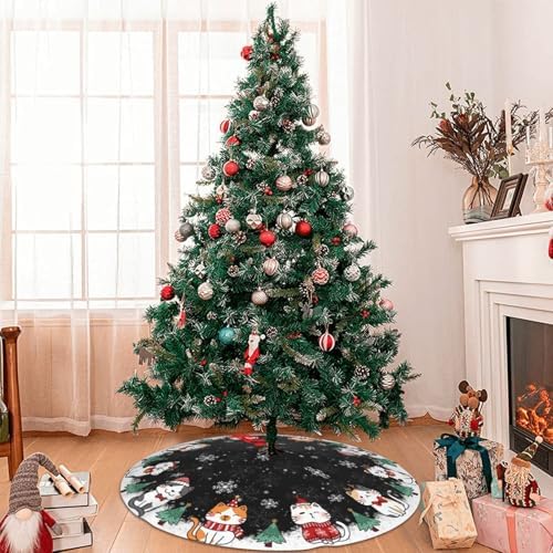 Christmas Cat Christmas Tree Skirt - Plush Polyester Mat Resistant with 3 Red Ties for Xmas, Halloween Decorations, Party Decor 30" - Image 2