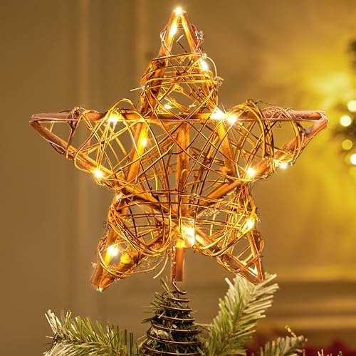 Joiedomi 8 Inch Christmas Tree Toppers, 30 LED Rustic Rattan Star Lighted for Xmas Decorations, Holiday Party Indoor Decor by Joiedomi