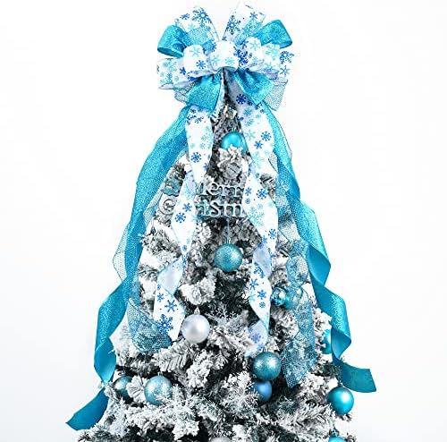 MEEDEE Blue Christmas Tree Topper 12" Wide Glitter Christmas Bows Snowflake Ribbon Bow Blue Tree Topper Bows for Christmas Tree Decorations (1 Pack) by MEEDEE