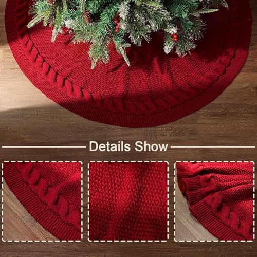 48 Inch Christmas Tree Skirt: Cable Knit Tree Skirt for 7.5FT Tree, Wine Red Tree Skirt, Vintage Tree Skirts, Rustic Farmhouse Christmas Decorations - Image 2