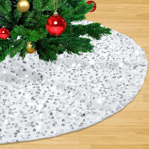 Small Tree Skirt Silver White Tree Skirt 24 Inches Christmas Tree Skirt Farmhouse Shiny Sequin Tree Skirts for Christmas Holiday Party Decorations by LJIE-House