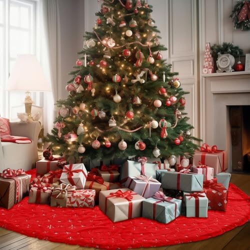 Libima 84 Inches Large Christmas Tree Skirt Faux Fur Red Xmas Tree Skirt Plush Velvet with Silver Sequins Snowflakes for Xmas Decorations Merry Christmas Party Winter Holiday Ornaments by Libima