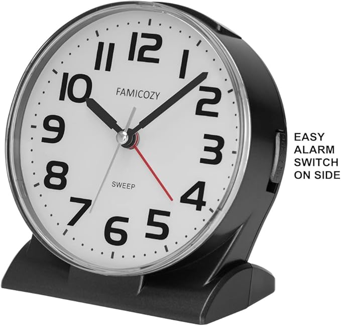 FAMICOZY 4.5" No Ticking Analog Alarm Clock,Silent Readable for Seniors,Easy to Set,Gradual Rise Alarm,Big Numbers,On/Off Switch on Side,Gentle Wake,Snooze Soft Backlight,Battery Operated,Black - Image 4