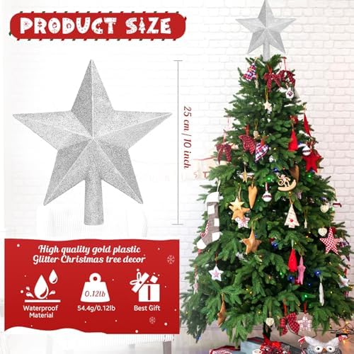 Glitter Christmas Star Tree Topper for Holiday Decorations, Christmas Tree Decoration for Holiday Ornament and Home Decor, Shatterproof Tree Toppers for Party Indoor ??? Outdoor-Silver 10 inch - Image 2