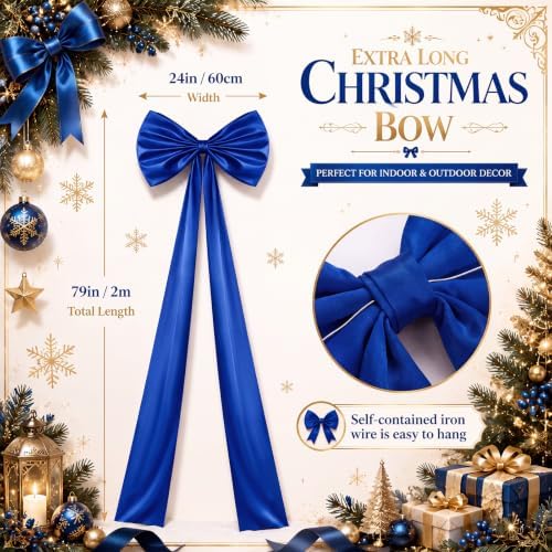 Daifunli 24 x 79 Inches Giant Satin Bow Christmas Tree Topper,Royal Blue - Image 2