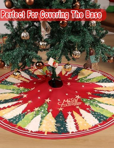 Multiwins Christmas Tree Skirt 48 Inch, Red Christmas Tree Skirt with Christmas Tree and Star Design, Thick Flannel Fabric, Xmas Tree Skirt for Holiday Decorations - Image 4