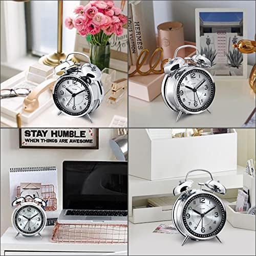 Peakeep Loud Alarm Clock for Heavy Sleepers Adults, Metal 4.5 Inches | Twin Bell Battery Operated Analog Alarm Clocks for Bedrooms Kids' Room Decoration (Metal Silver) - Image 4