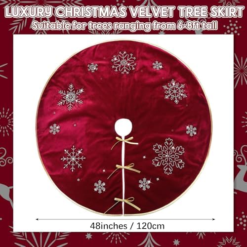 Burgundy Velvet Tree Skirt 48 Inch, Gold Snowflake Rhinestone - Image 2