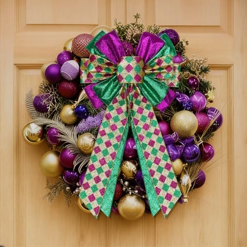 2 Pcs Mardi Gras Bows for Wreaths Decorations,12?€?x20?€? Large Glitter Tree Topper Bow Decor for Holiday Party Wall Home Front Door Float Golf Cart Gold Green Purple - Image 4