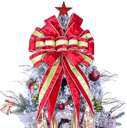 Christmas Tree Topper Wreath Bow Large Green Christmas Bow Tree Topper 52"x13" Red and Green Ice Flower Velvet Gift Bows for Xmas Holiday Home Wedding Thanksgiving Indoor/Outdoor Decoration by Sailup