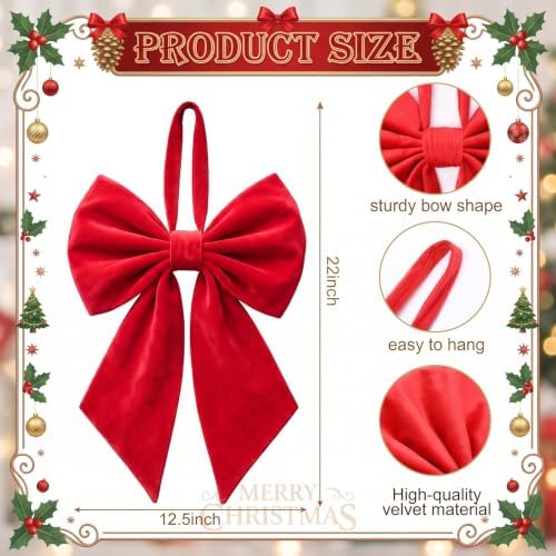 Janinka Red Christmas Tree Topper Bow 22" Big,Velvet - Image 3