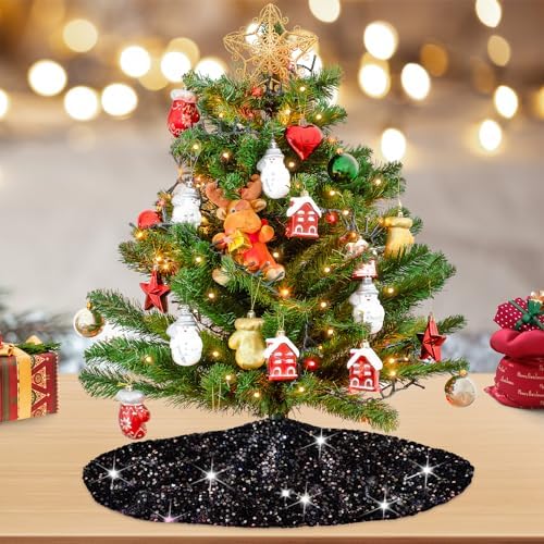 MODFUNS Glitter Christmas Tree Skirt Small Black Sequin Tree Skirt 21 Inch Mini Halloween Tree Skirt Sparkle Xmas Tree Base Bling Halloween Christmas Tree Skirt Collar for All Season Party Decor - Image 2