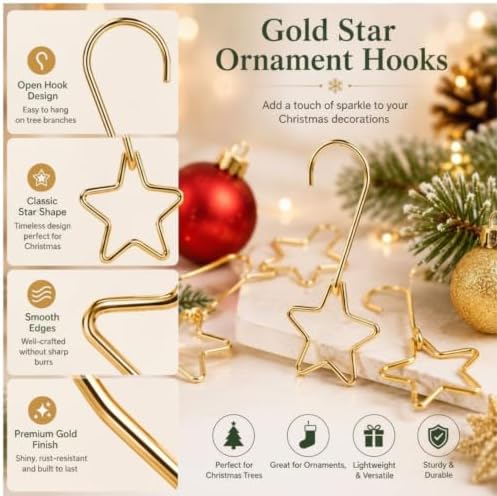 Hicarer 200 Pcs Christmas Ornament Hooks,2" Star Shaped Gold for Xmas Tree - Image 6