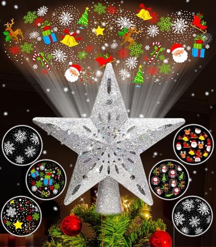 Wninbu Christmas Tree Topper Star Lighted with 6 Projection Modes,Christmas Star Tree Topper Projector Built-in LED Rotating Lights,3D Glitter Dynamic Projector Party Christmas Decorations (Silver) by Wninbu