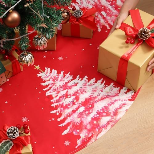 Multiwins Christmas Tree Skirt 48 Inch, Red Christmas Tree Skirt with Christmas Tree Design, Thick Flannel Fabric, Rustic Farmhouse Xmas Tree Skirt for Holiday Decorations, Indoor Christmas Party - Image 2