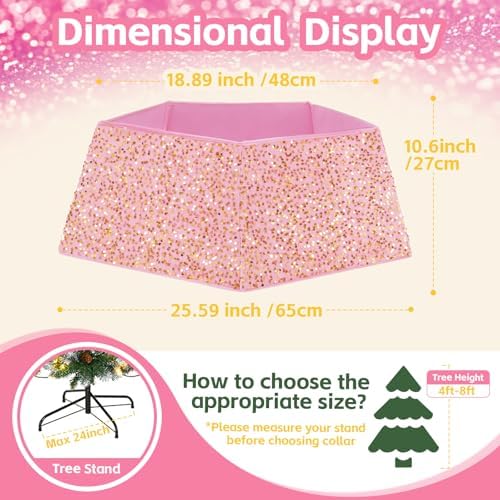 Sequin Christmas Tree Ring Collar Collapsible 25.59 Inch Pink Gold Tree Skirt Velvet Tree Stand Cover for 7.5ft Artificial Tree Home Xmas Ornaments - Image 5