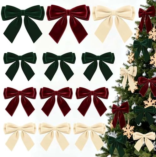 12Pcs Velvet Bows for Christmas Tree, Red Green Beige Bows Christmas Decorations with Twist Tie, Bulk Vintage Velvet Ornaments for Wreath Garland Gift Wrapping Wedding Champagne Parties 6x6in by CUPLOOV