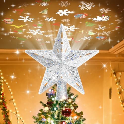 Mrrihand Christmas Tree Topper Lighted with 6 Projection Modes, Christmas Star Tree Topper Built-in LED Rotating Lights, Silver 3D Glitter Dynamic Projection for Christmas Tree Decorations by Mrrihand