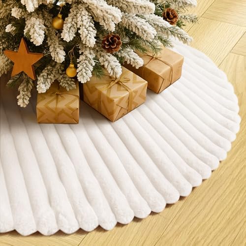 Christmas Tree Skirt White Plush 30 inch Faux Fur Xmas Tree Skirt Soft Plush Stripe Textured Pattern for Holiday Party Christmas Tree Decorations by Amidaky