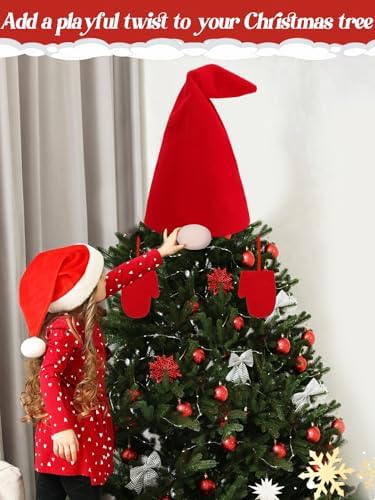 Gnomes Hat Tree Topper - Christmas Santa Hat Bush Kit with Nose Gloves, Swedish Scandinavian Tomte Plush Ornaments Gifts Decor for Xmas Home Decorations - Image 3
