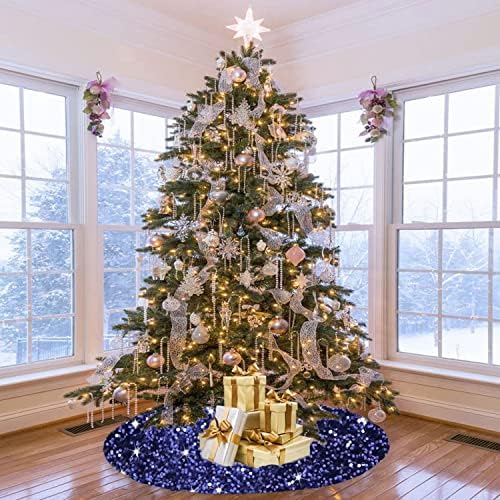 FANPROMS Christmas Tree Skirt Navy Blue 48 Inch Sequined Velvet Tree Mat Christmas Thanksgiving Party Decorations Glitter Sequin Tree Skirt Shiny Christmas Tree Skirt Xmas Tree Ornaments for Indoor - Image 2