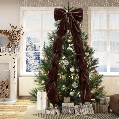 Knitgrip Extra Large Velvet Christmas Tree Topper Bow, Chocolate, 118 Inch - Image 4