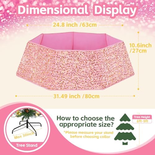 Pink Gold Tree Collar 31.49 Inch Sequin Foldable Christmas Tree Ring Velvet Tree Skirt Cover for 9ft Pencil Tree Holiday Xmas Decor - Image 4