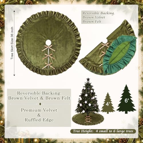 Velvet Christmas Tree Skirt, 36 Inches, Bow Style, Olive Green - Image 3