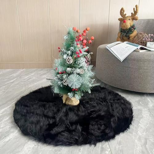 30 Inch Christmas Tree Skirt - Fluffy Faux Fur Black Tree Skirt, Black Plush Xmas Holiday Decor for Parties, Small Round Tree Skirt - Image 3