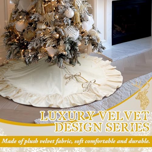 Velvet Christmas Tree Skirt, 48 Inches, Bow Style, Ivory White - Image 6