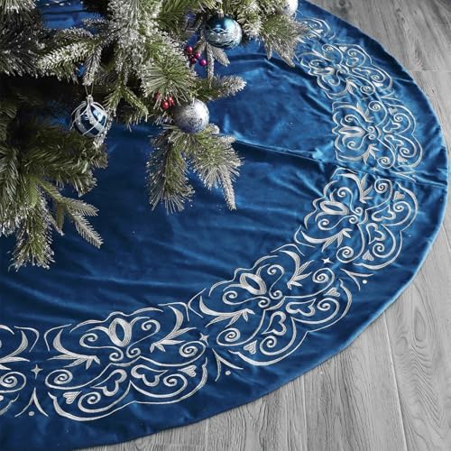 Bunny Chorus Christmas Tree Skirt, 72 inch Large Velvet Fur Plush Blue Tree Skirt, Xmas Tree Skirts with Silver Embroidered Wave Pattern for Merry Christmas Party Christmas Tree Decorations - Image 2