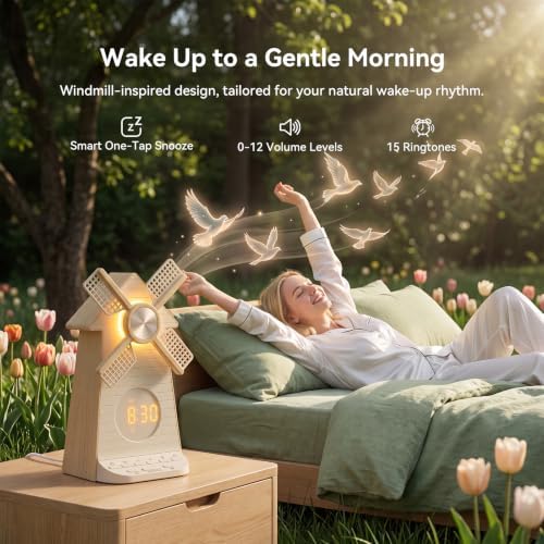 Sunrise Alarm Clock with Rotating Windmill, White Noise Machine for Sleeping with 20 Soothing Sounds, Sound Machine Alarm Clock for Bedrooms Kids Adults, 3-Level Night Light, USB Charger Port - Image 4