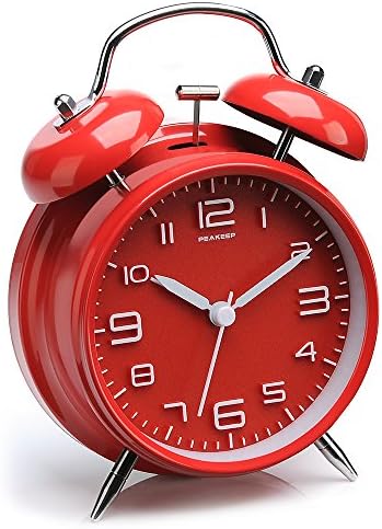Peakeep 4 Inches Twin Bell Loud Alarm Clock for Heavy Sleepers | Backlight, Battery Operated Old Fashioned Alarm Clock for Bedrooms Kids' Room (3D-Dial, Red) by PEAKEEP