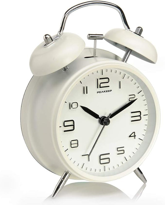 Peakeep 4 Inches Twin Bell Loud Alarm Clock for Heavy Sleepers | Backlight, Battery Operated, Old Fashioned, Alarm Clock for Bedrooms Kids' Room (3D-Dial, White) by PEAKEEP