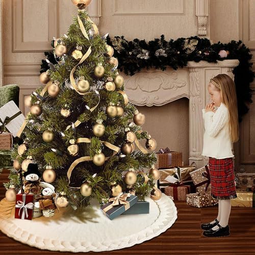 NIBESSER Knit Christmas Tree Skirt White 48" - Ivory Knitted Mat for Christmas Decorations, Yarn Thick Rustic Cable Knit Tree Skirt for Home Party Ornaments - Image 7