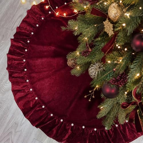 Wine Red Velvet Christmas Tree Skirt, 36 Inch Christmas Tree Skirt with Ruffled Edge and Pearl Trim - Image 2