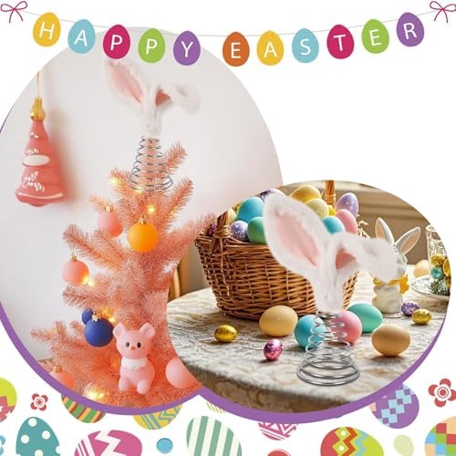 10 Inch White Pink Bunny Ear Easter Day Tree Topper, Bunny Ears Metal Spiral Bunny Ornaments Rabbit Christmas Tree Decor???for Cute Spring Easter Trees Holiday Home Decoration Party Supplie - Image 6
