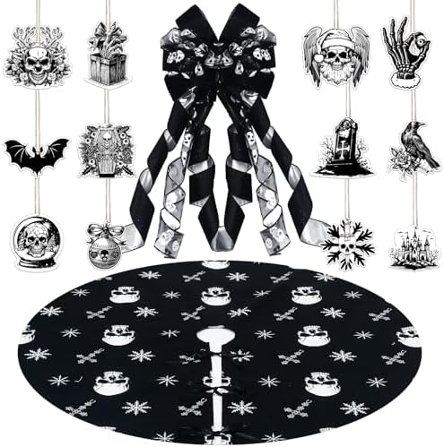 48 Inch Gothic Christmas Tree Skirt Spooky Skeletons Hanging Ornaments by Simgoing