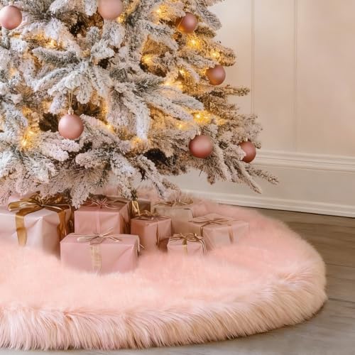yuboo Salmon Pink Christmas Tree Skirt 48 inches, Fuzzy Fur Pastel Tree Skirt Rug Pink Christmas Decor for Slim Pencil Tree and 6-7 FT Christmas Trees - Image 3