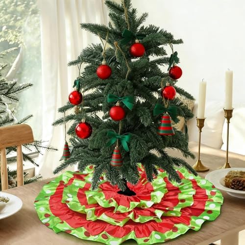 yuboo 24 Inch Tabletop Christmas Tree Skirt - Small Red and Green Polka Dots Ruffle Tree Skirt, Mini Xmas Tree Mat for Pencil Tree, Halloween Christmas Tree Decorations Ornaments - Image 5