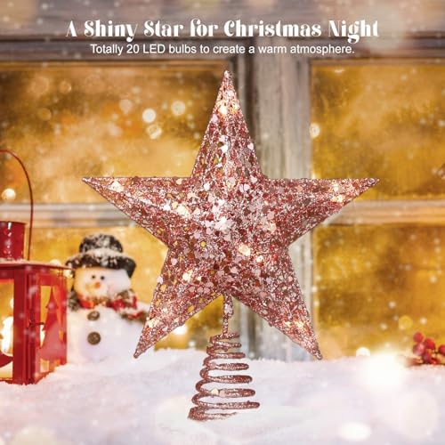Lewondr Christmas Star Tree Topper with Lights and Sequins, Pink - Image 2