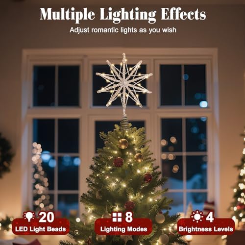 Lewondr Christmas Tree Topper Star, 13.8 Inch 10-Pointed Star Treetop with Glittered Epoxy, Remote & USB Powered Xmas Stars Treetop for Christmas Tree Decoration, 6H Timer & 8 Modes, Silver - Image 2