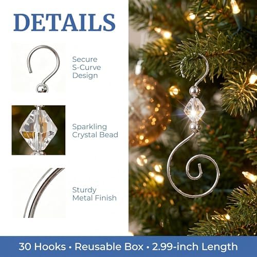 30 PCS Christmas Ornament Hooks, S-Shaped Silver Metal Wire Hangers with Crystal Beads ?€? for Tree Decor, Suncatcher, Party Crafts - Image 3