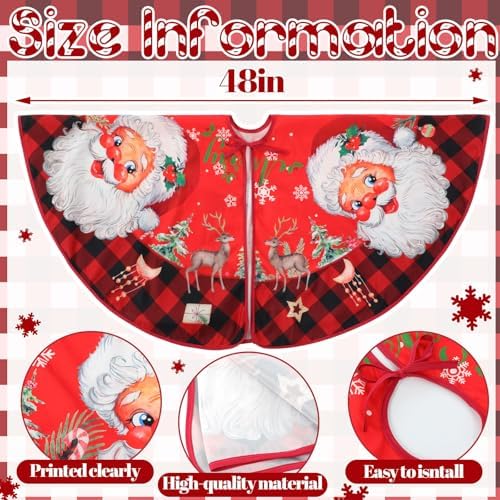 Vintage Santa Claus Christmas Tree Skirt 48 Inch Red Buffalo Plaid Xmas Tree Skirt with Santa Reindeer Snowflake for Indoor Outdoor Farmhouse Merry Christmas Holiday Party Decor - Image 2