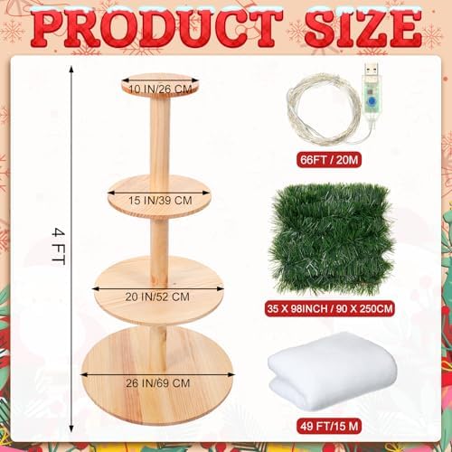 Christmas Tree Xmas Display Stand with Snow Blanket Garland and String Light DIY Wooden Village Display Shelves for Holiday Decoration(4 Tier, 4 ft) - Image 3