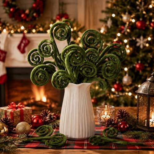 Daifunli 12 Pcs Curly Christmas Tree Picks Velvet Curl Decoration Spiral Curly Tree Topper Ornaments DIY Crafts for Wreath Fireplaces Vase Filler Holiday Ornament, 12 Inch(Brown, Green, Milky White) - Image 3