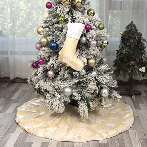 Flash World 36 Inch Large Christmas Tree Skirt Xmas Soft Cover Mat Decor Snowflake Collar Farmhouse Tree Skirt for Holiday Ornaments Party Home Indoor Decorations (Flocking Gold, 48INCH) - Image 4