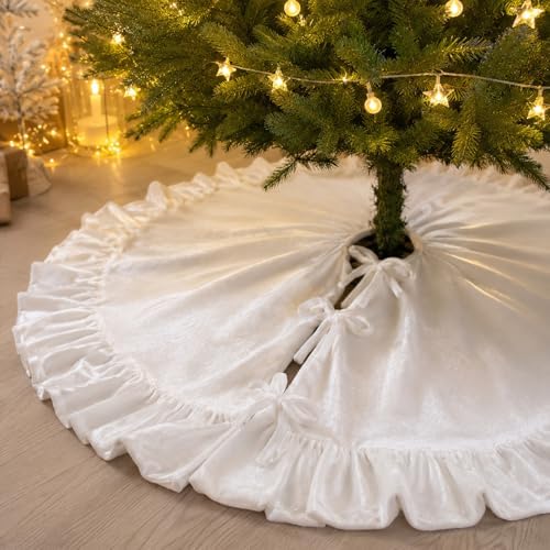 48-Inch White Ruffled Velvet Christmas Tree Skirt with 3 Bow Ties, Large Round Xmas Tree Base Cover for Holiday Home and Party Decor, 122 cm by AtiMing