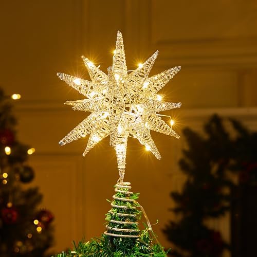 JOIEDOMI 7.8" Metal 3D Silver Glitter Star Christmas Tree Topper Decor, 56 LED Light with Plug Timer Ornaments Treetop Decorations Home Holiday Party Indoor - Image 7