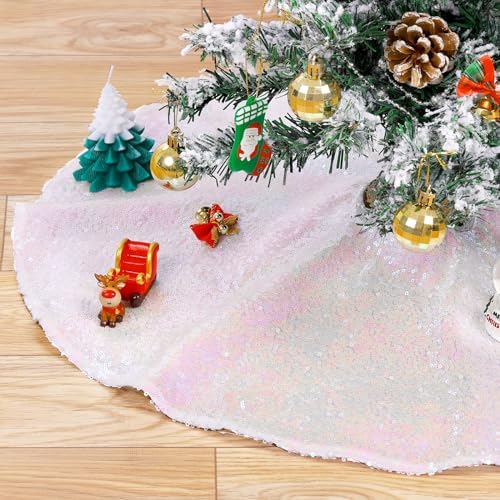 36 Inch Christmas Tree Skirt Iridescent White Tree Skirt Small Sequin Tree Mat for Merry Christmas Party Christmas Tree Decoration by QueenDream